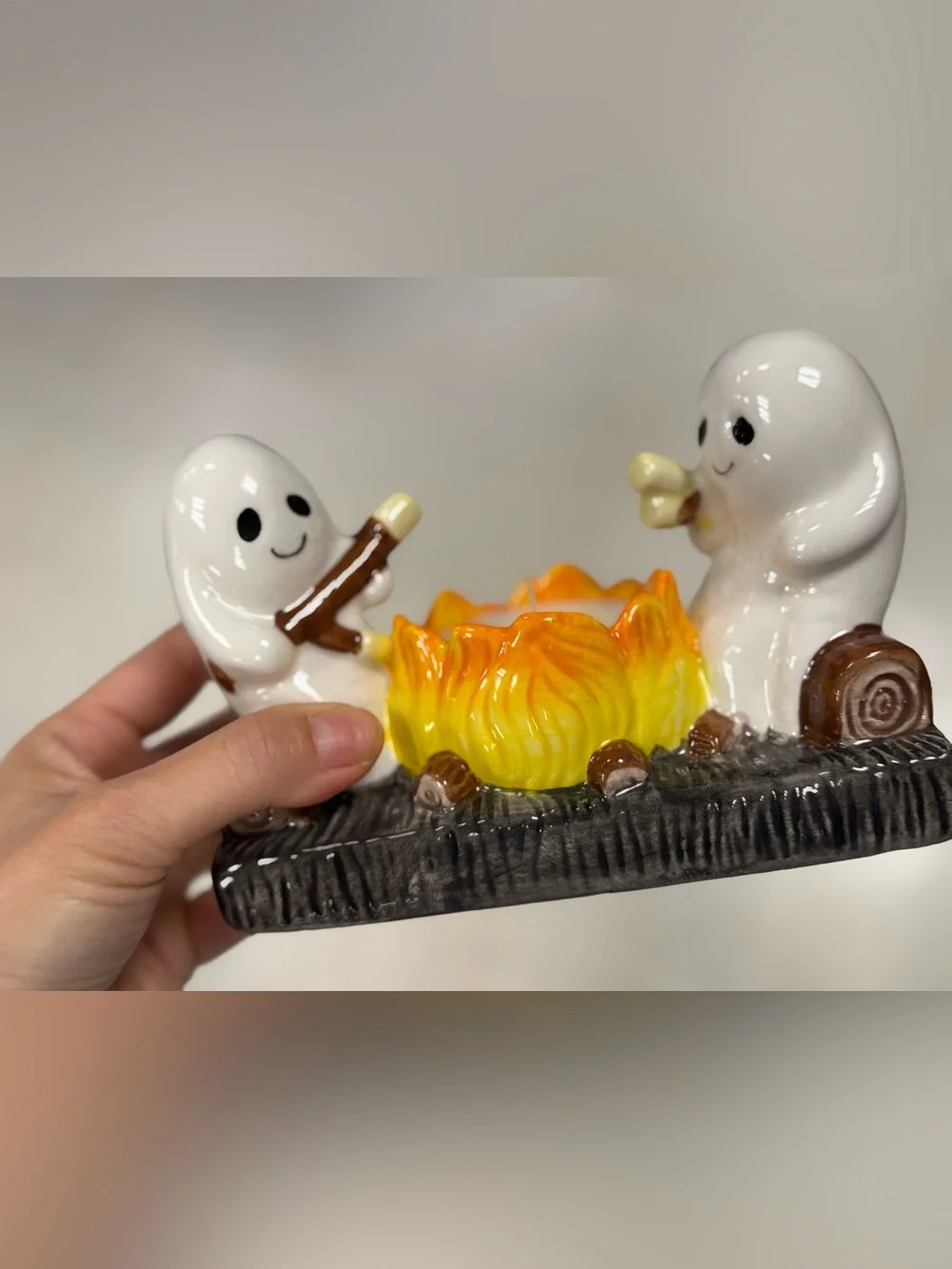 Ceramic Ghosts with Yellow Orange Campfire Candle Holder